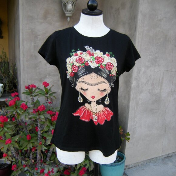 Frida Kahlo Jeweled Tee Shirt size L  by Kiss & Love - Picture 1 of 10